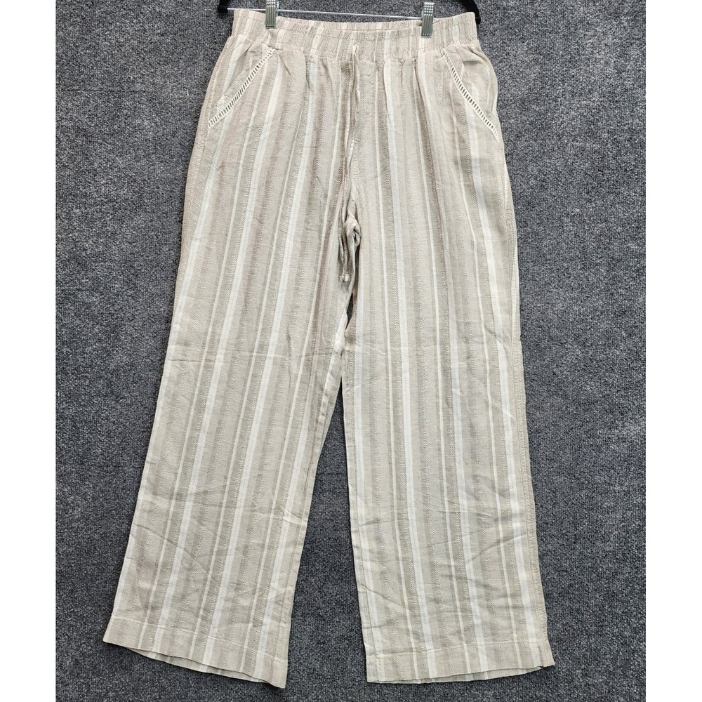 NWT Briggs Womens Linen Blend Striped Boho Neutral Wide Leg Pull-On Pants Size L